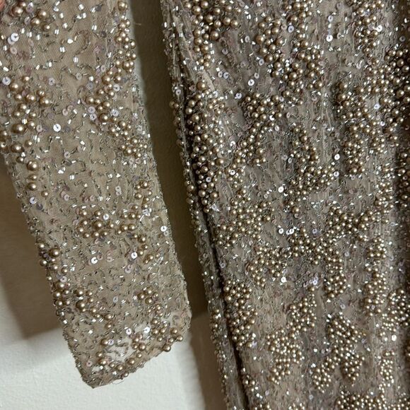 Mac duggal long sleeve sequin beaded sheath gown in mocha style 5177 size 6 - Picture 7 of 16